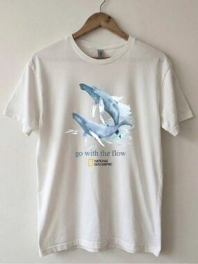 Gildan White T‑Shirt with Blue Whale Graphic - Go With The Flow | Unisex Shirt